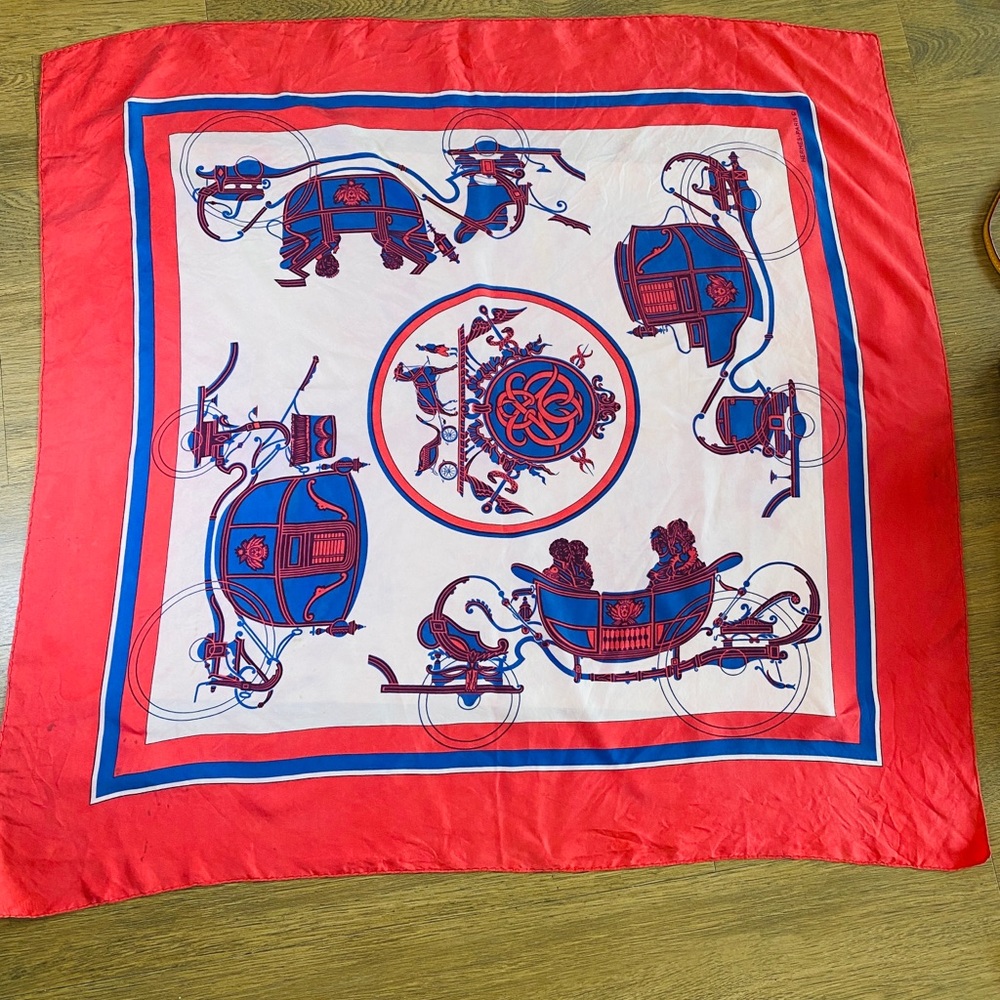HERMES Vintage Silk Scarf Ex Libris Hugo Grygkar Horse Carriage Rare 34" x 35.5" - Picture 3 of 11